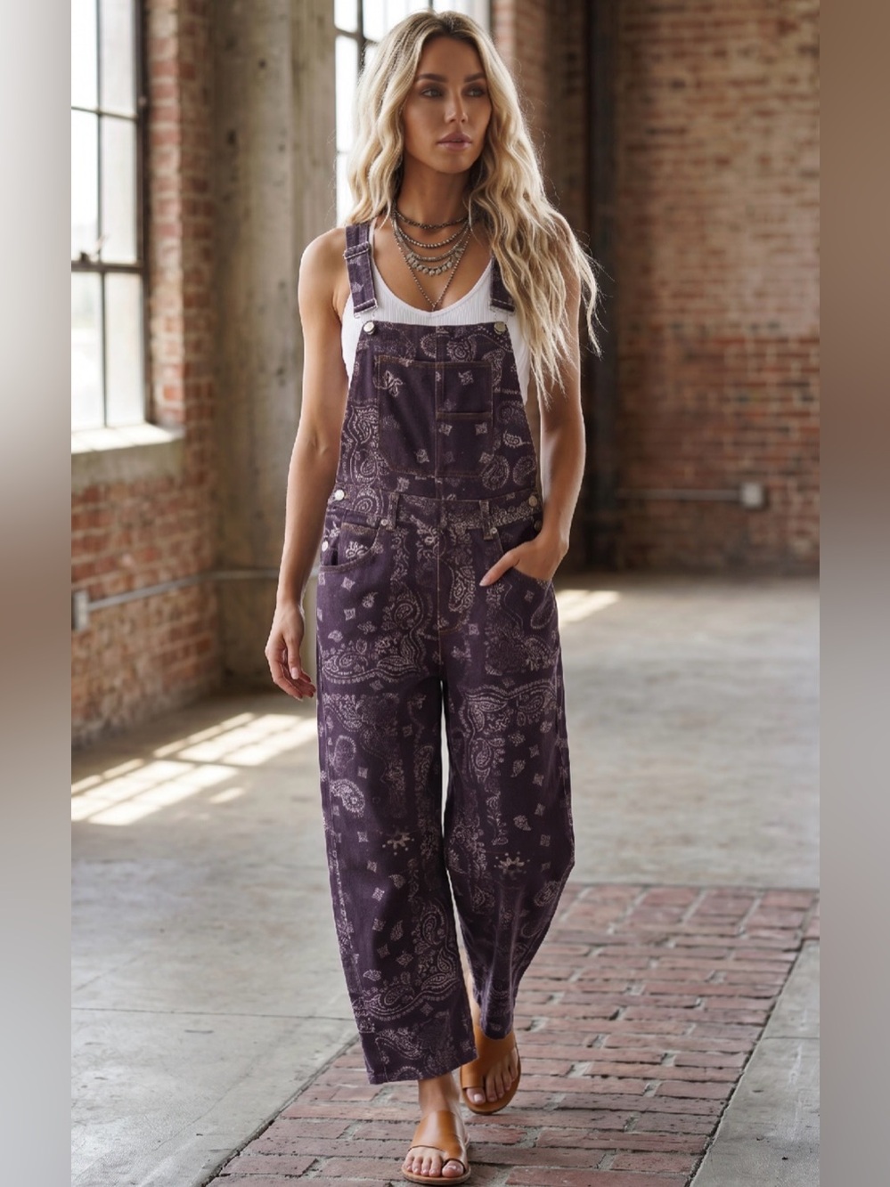 NWT Eesome Mineral Washed Paisley Boho Bandana Print Overalls Jumpsuit Jumper - Picture 2 of 8
